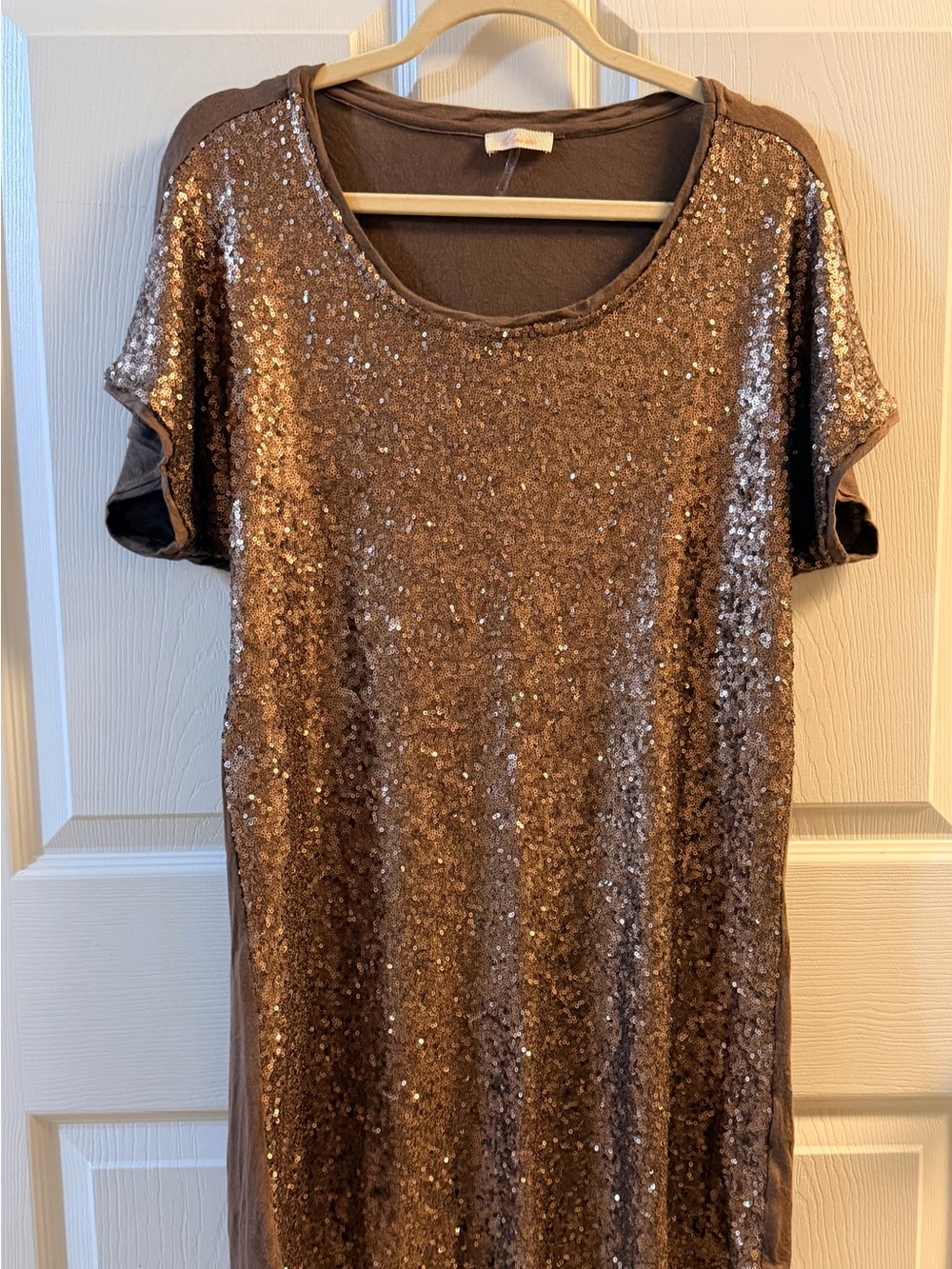 Brown Bronze Sequin Tunic Dress Top Short Sleeve Size L Sparkle